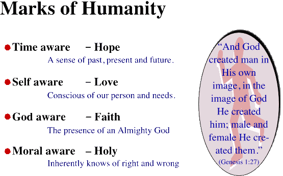 Marks of Humanity [OA02_05] describes four distinctives between humans and animals: Man's nature has time, self, God and moral awareness. 