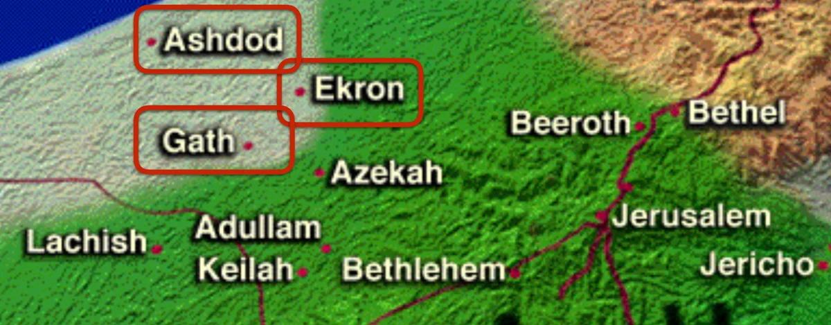 Map locating Ashdod, Gath, and Ekron in Philistine territory