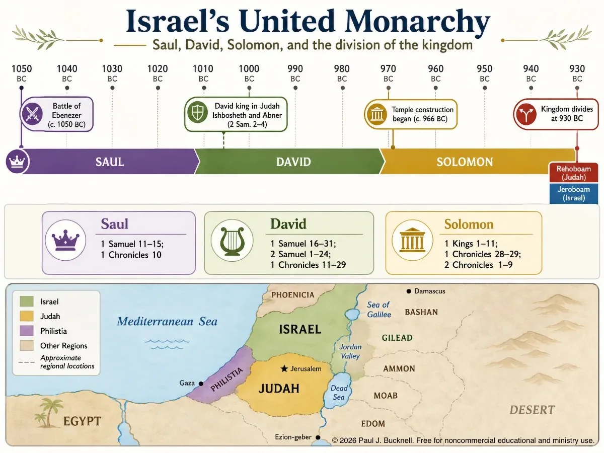 Timeline and map of Israel’s united monarchy under Saul, David, and Solomon